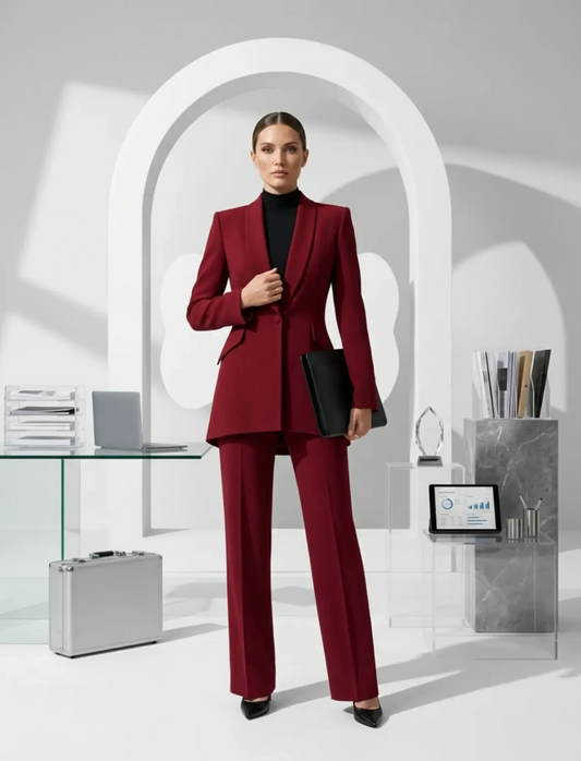 Iconic Dark Red Suit Set - Long Single Button & Straight Pant